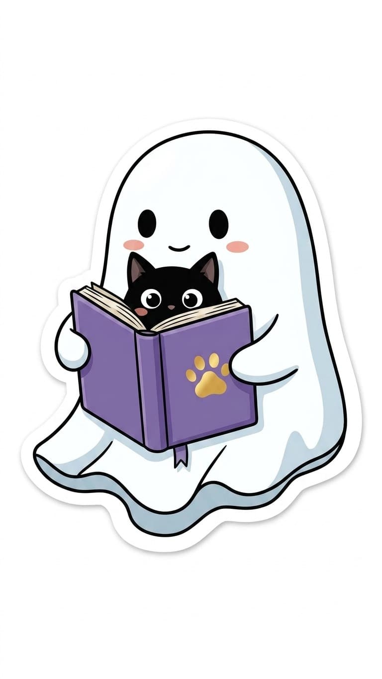 Fantasminha lendo com gatinho