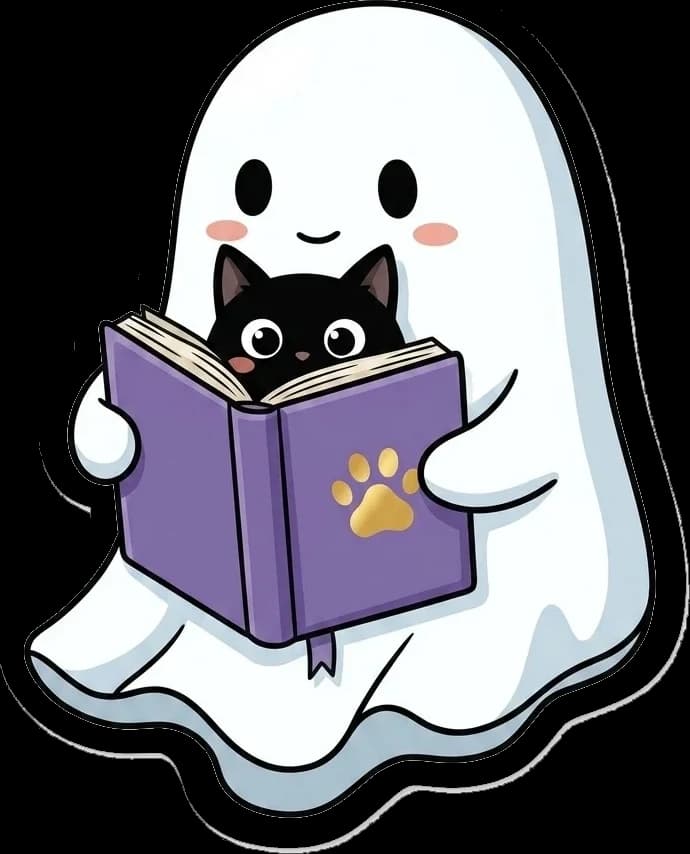 Fantasminha abraçando um livro roxo com o gatinho preto espiando