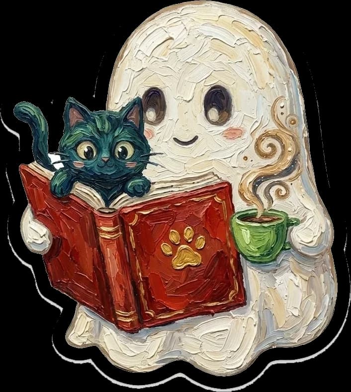 Fantasminha com textura de pintura a óleo lendo um livro vermelho com o gatinho