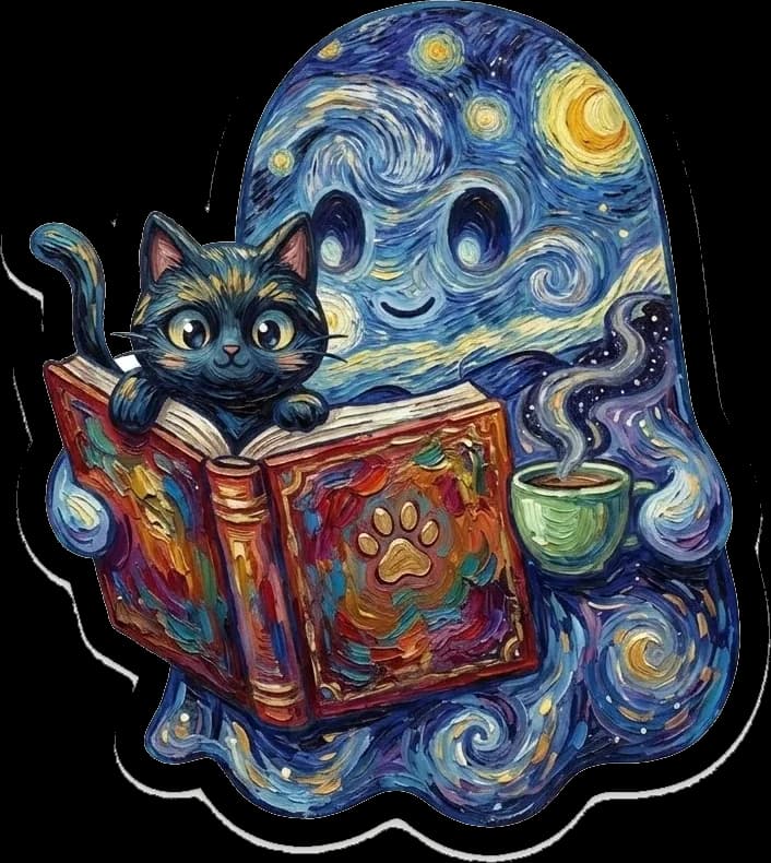 Fantasminha pintado como uma noite estrelada, lendo com o gatinho preto