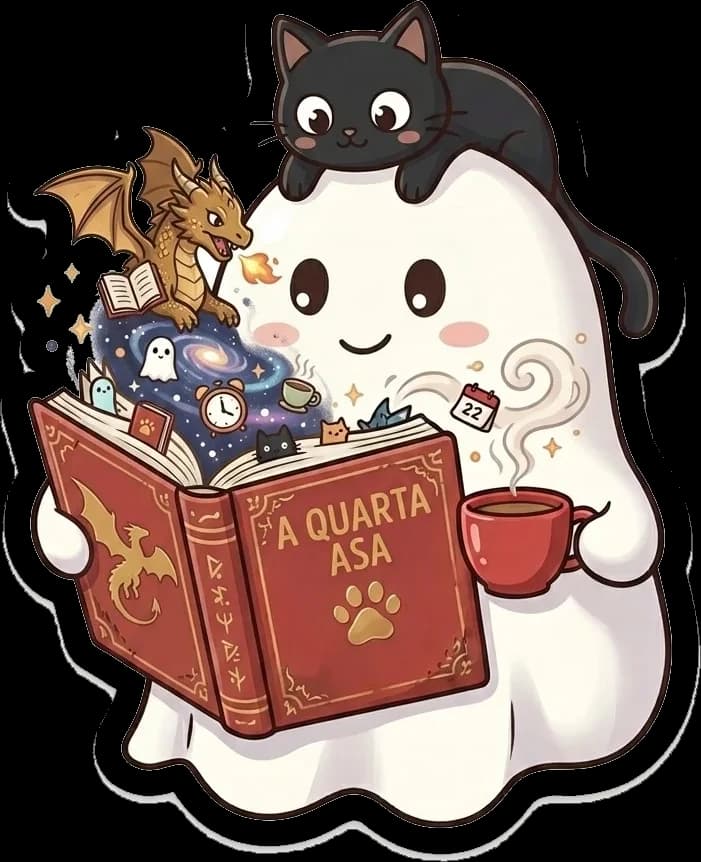 Fantasminha lendo o livro A Quarta Asa, com um dragão saindo das páginas e o gatinho na cabeça
