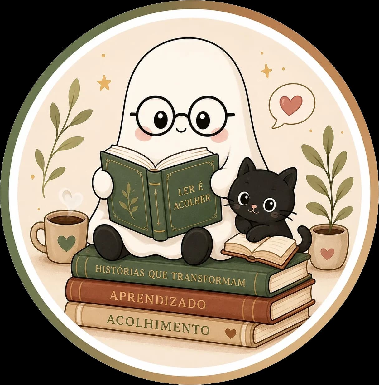 Selo do fantasminha de óculos lendo sobre livros de histórias que transformam, aprendizado e acolhimento